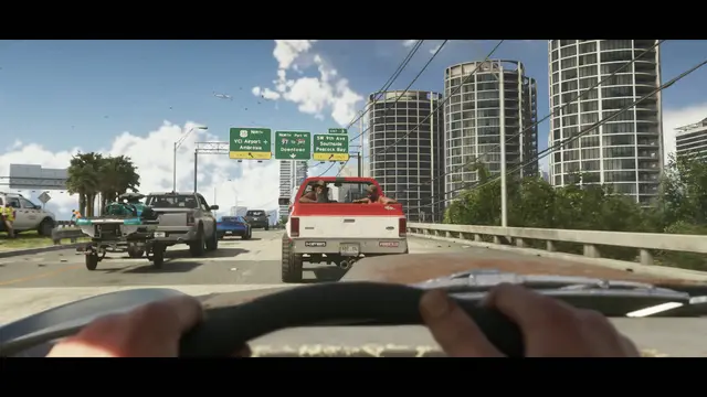 Downtown (Vice City): Autopista elevada hacia el centro, en primera persona (Tráiler 2, 0:34)
