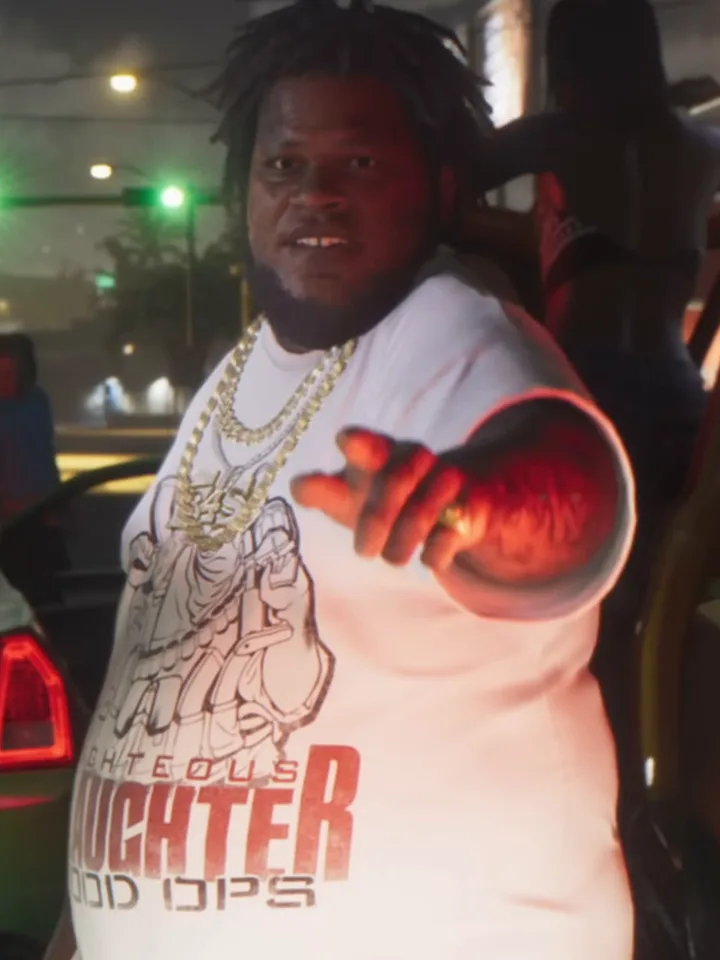 El grandullón de High Rollerz señalando desde el coche