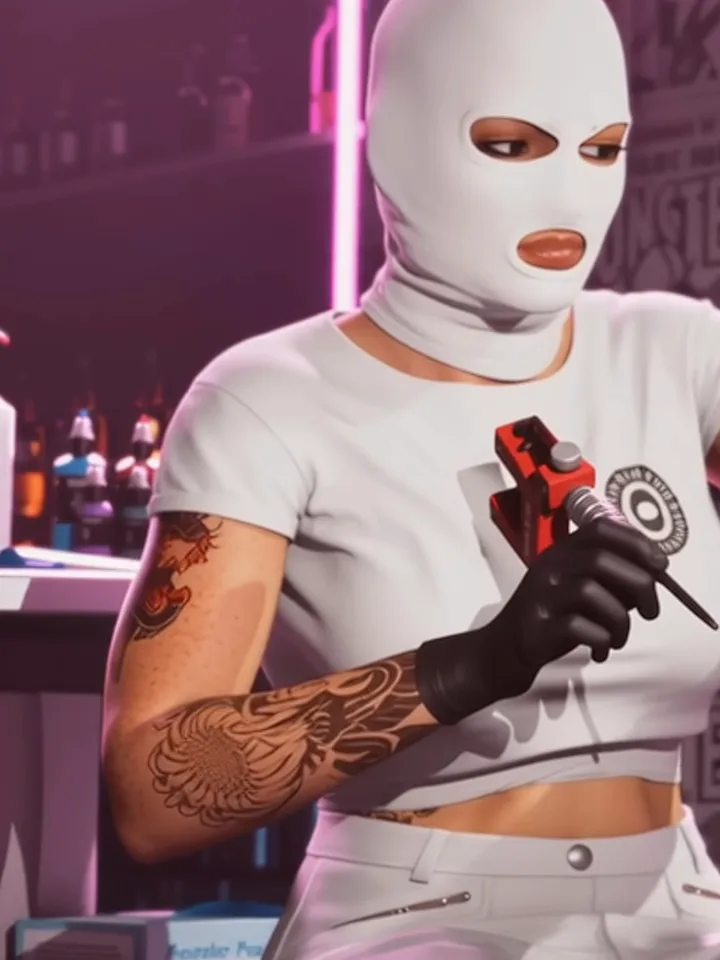 Tatuadora con pasamontañas blanco y guantes negros, máquina de tatuar en mano, dentro del gimnasio