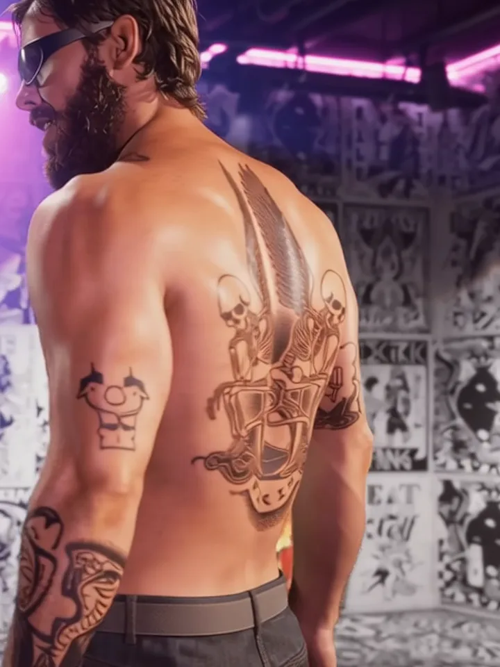 Hombre con barba y un gran tatuaje de lobo en la espalda, dentro del estudio de tatuajes con luz púrpura