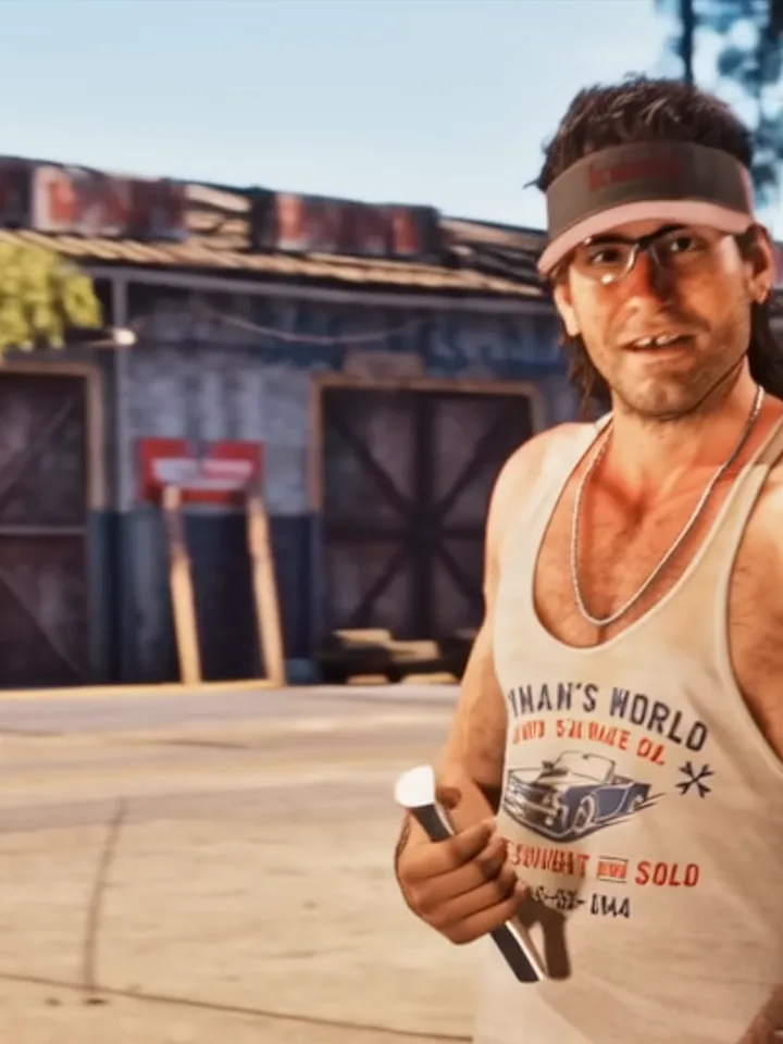 Hombre sonriente con visera blanca, camiseta de tirantes y tatuajes en un mercadillo al aire libre