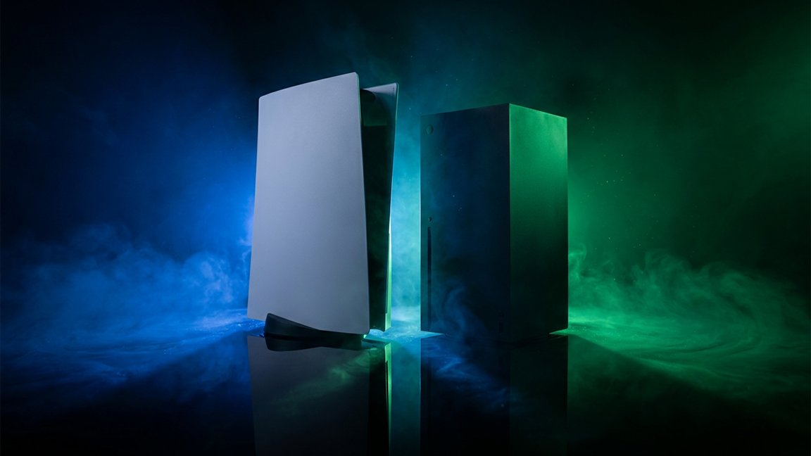 Two consoles facing off on a reflective surface