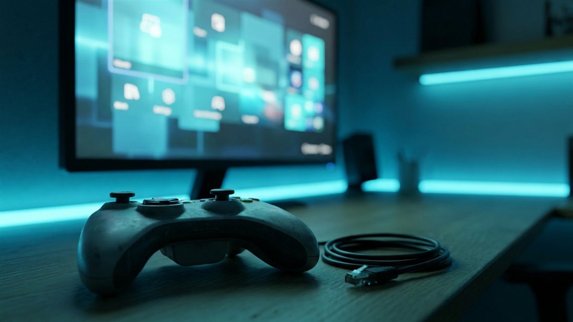 Mando frente a un monitor con un lobby multijugador desenfocado