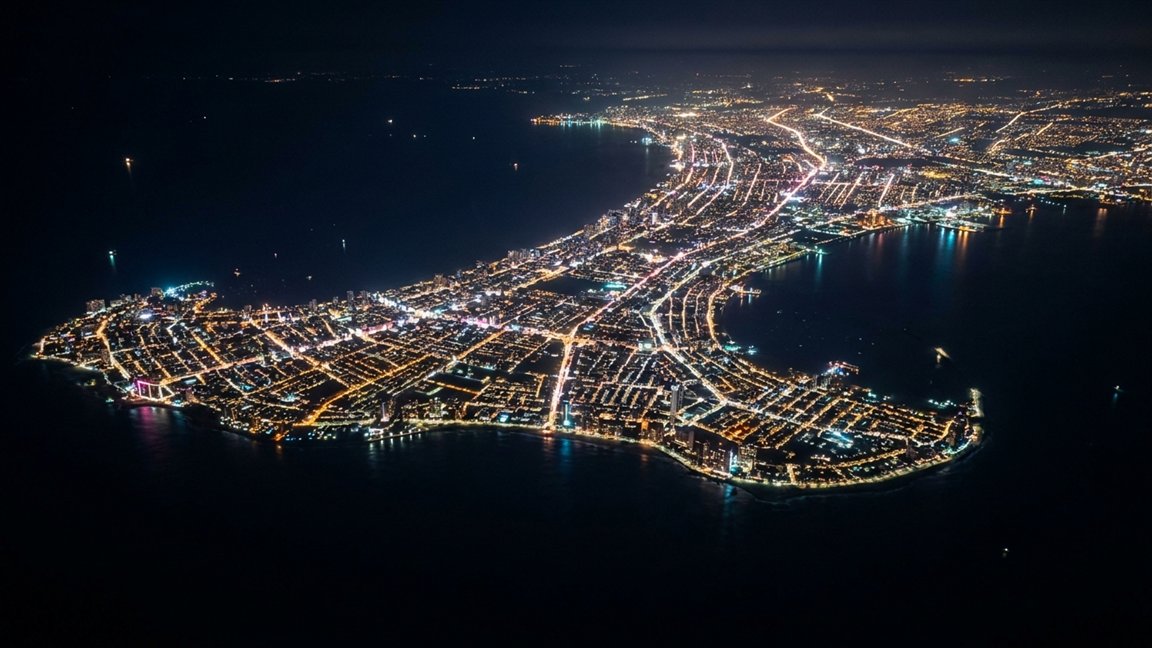 Nighttime aerial view of a lit-up coastal city